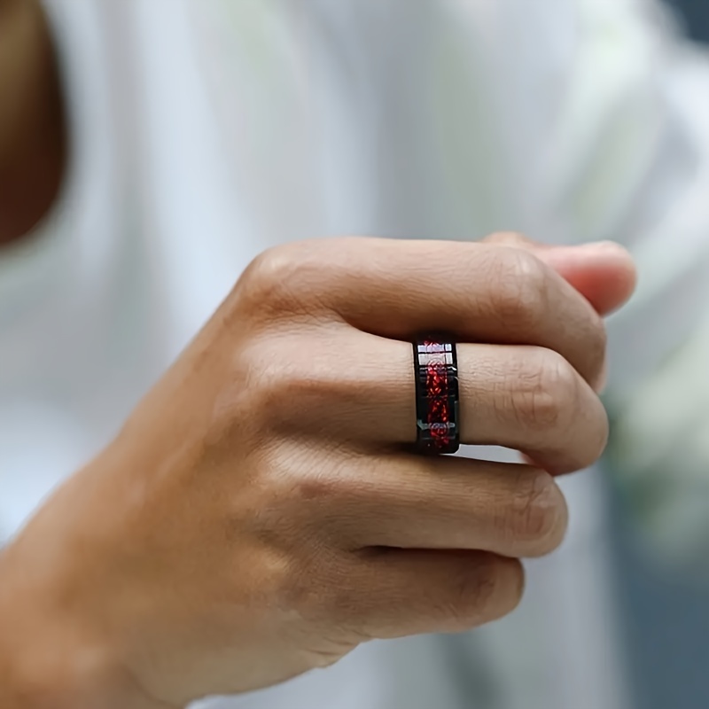Men's Steel Carbon Fiber & Women's Ruby Garnet Ring Set
